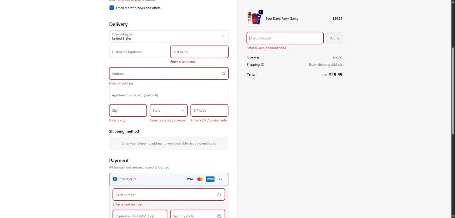 Beer Darts coupon code screenshot showing code BUNDLL-LN8NDC applied at Beer Darts checkout page. Uploaded by SimplyCodes community member SilverLynx3397 on Dec 12, 2025