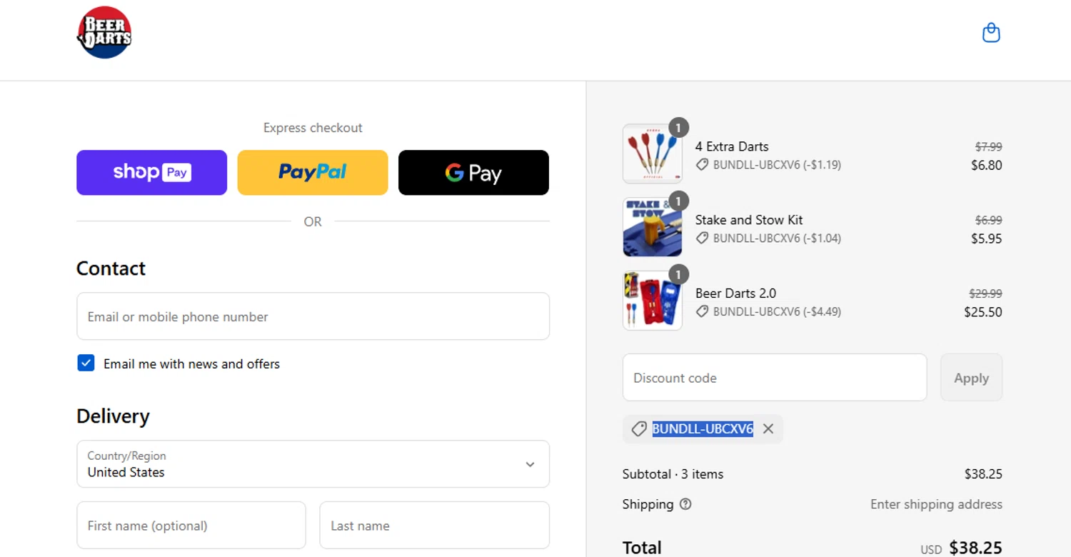Beer Darts coupon code screenshot showing code BUNDLL-UBCXV6 applied at Beer Darts checkout page. Uploaded by SimplyCodes community member ashe1986 on Aug 27, 2025