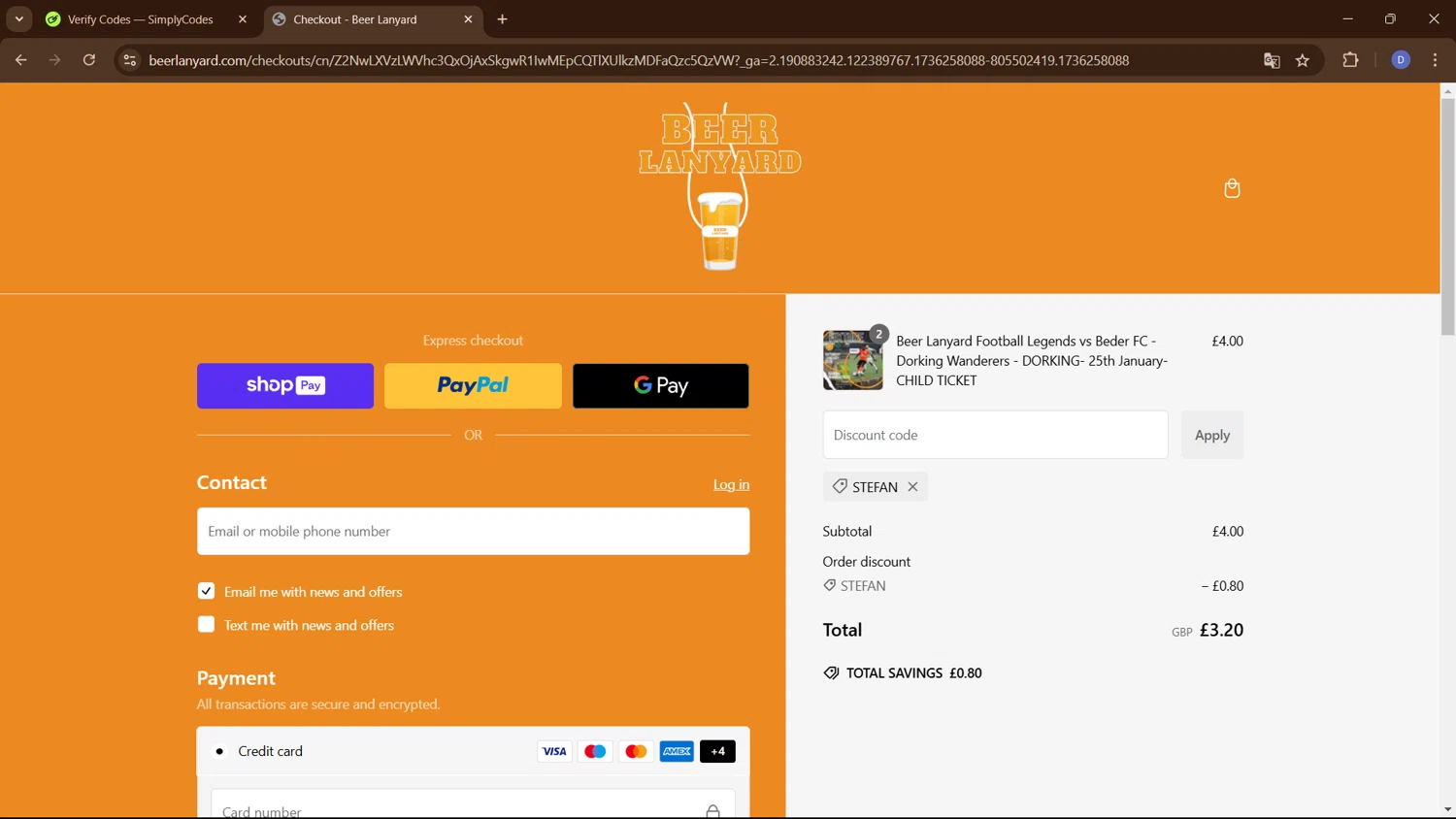 Beer Lanyard promo code screenshot showing code STEFAN applied at Beer Lanyard checkout page. Uploaded by SimplyCodes community member PennyCurator6489 on Jan 7, 2025
