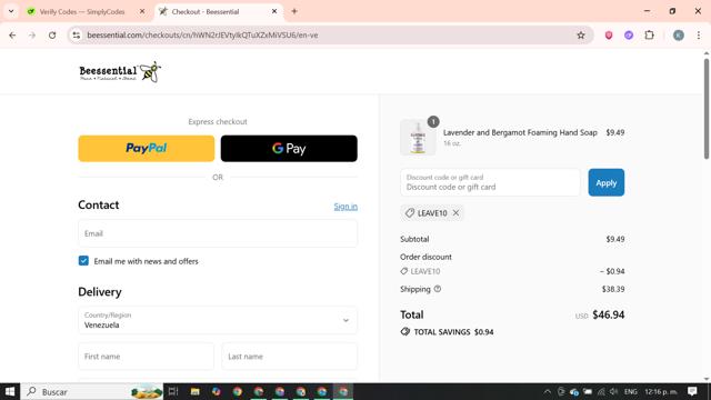 Beessential checkout page showing Beessential discount code box | Screenshot taken by SimplyCodes community member on Sep 11, 2025