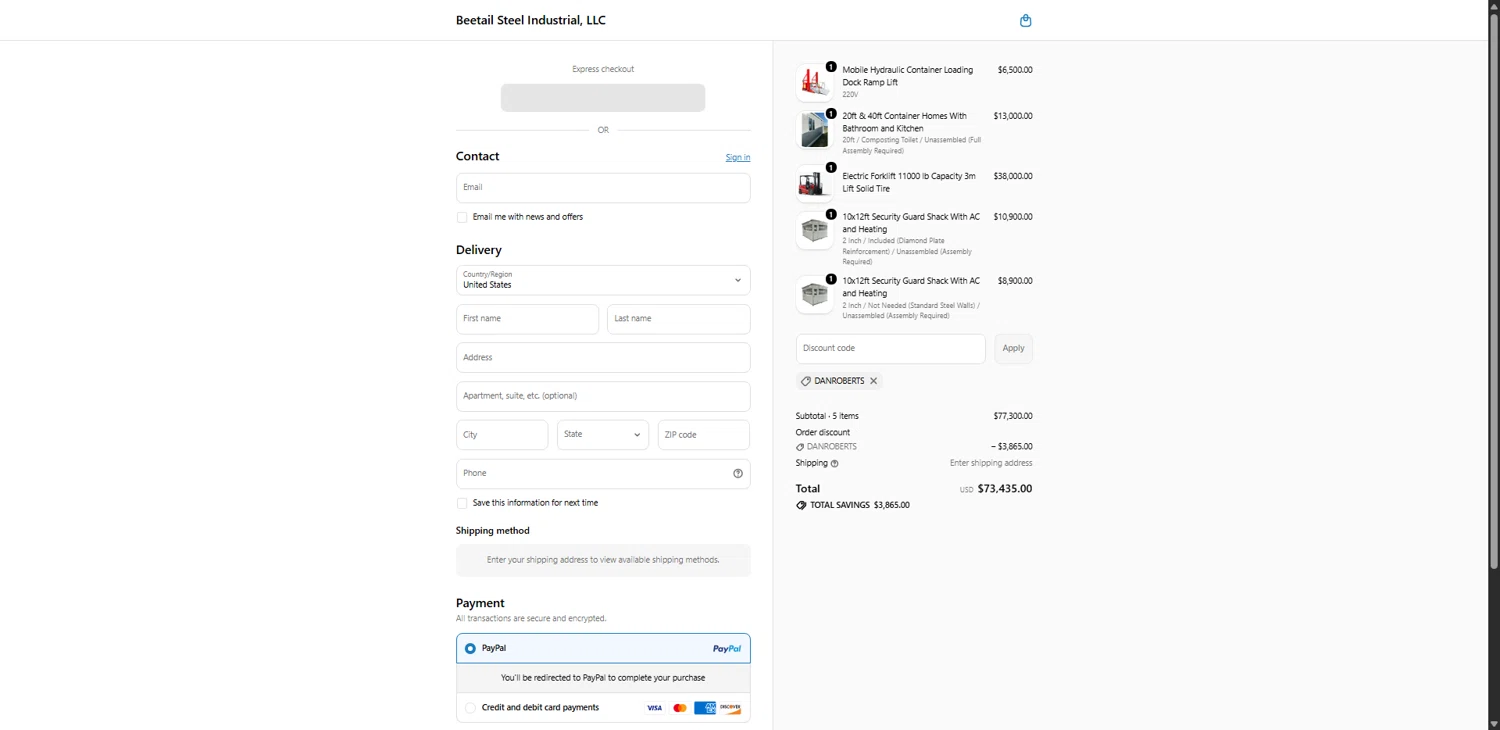 Beetail Steel Industrial promo code screenshot showing code DANROBERTS applied at Beetail Steel Industrial checkout page. Uploaded by SimplyCodes community member CodeAce1208 on Jun 3, 2026