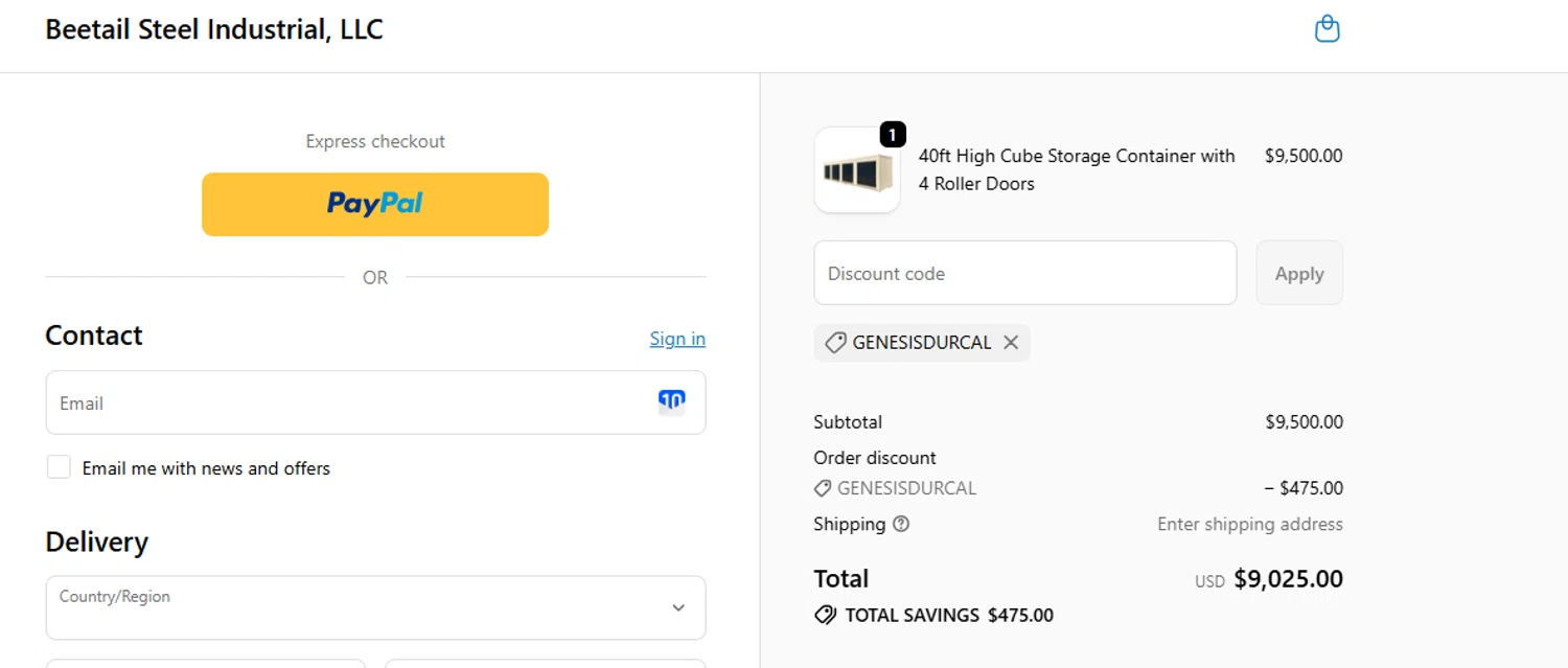Beetail Steel Industrial promo code screenshot showing code GENESISDURCAL applied at Beetail Steel Industrial checkout page. Uploaded by SimplyCodes community member FrugalVirtuoso6318 on Jun 17, 2026