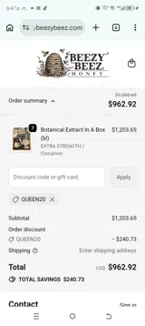 Beezy Beez Honey Store coupon verification screenshot