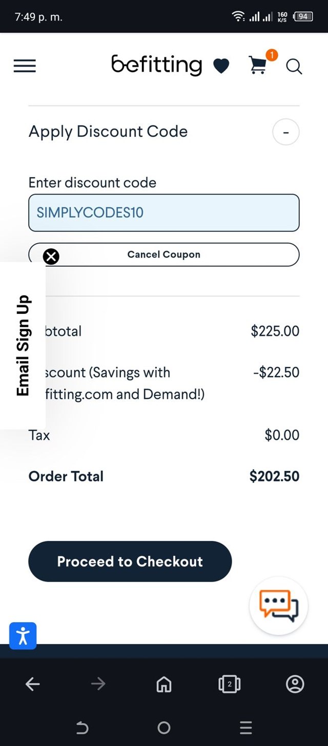 Befitting checkout page showing Befitting promo code box | Screenshot taken by SimplyCodes community member on Feb 21, 2025