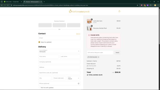 Before You Speak Coffee checkout page showing Before You Speak Coffee discount code box | Screenshot taken by SimplyCodes community member on Sep 12, 2025