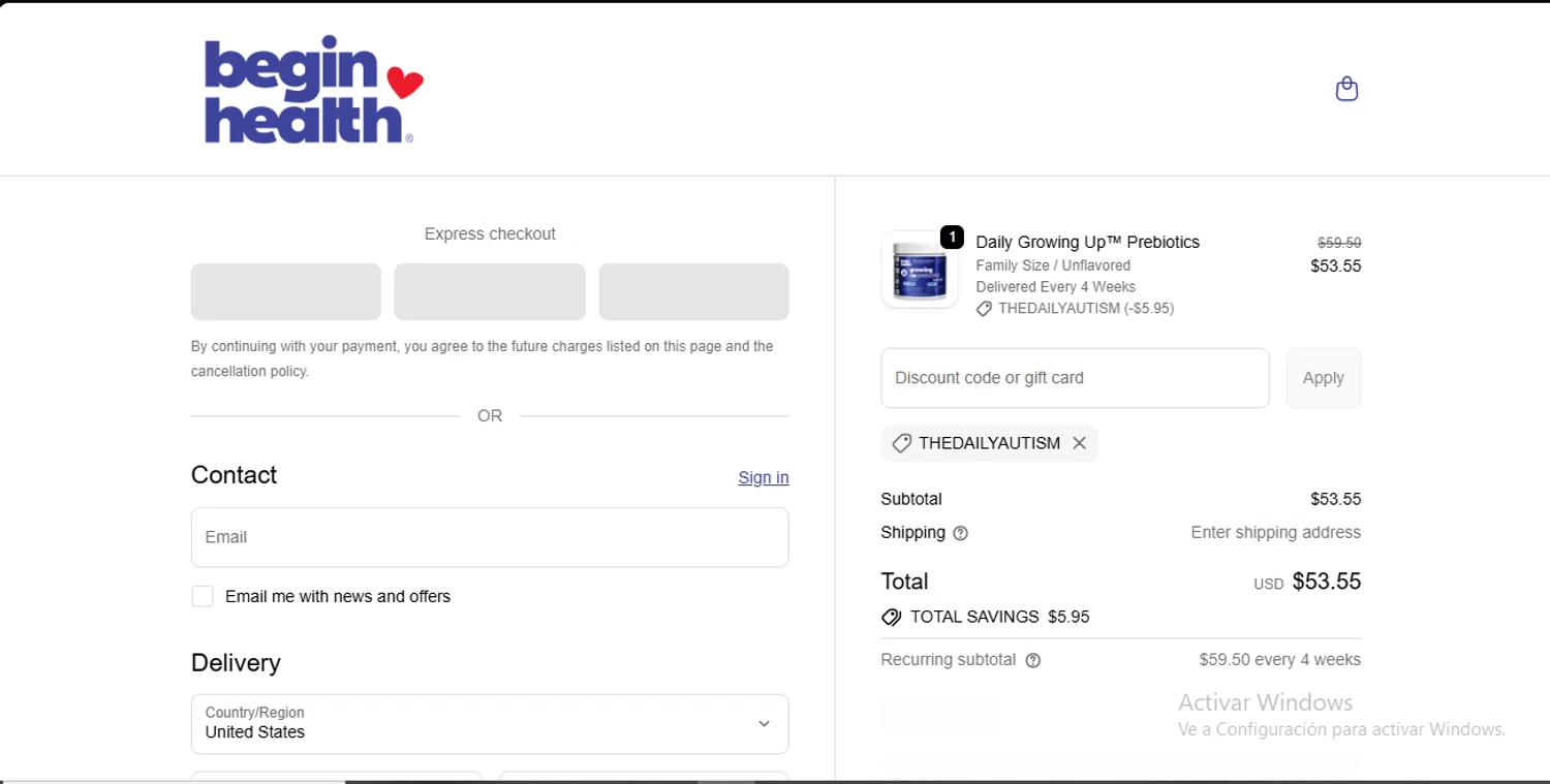 Begin Health promo code screenshot showing code THEDAILYAUTISM applied at Begin Health checkout page. Uploaded by SimplyCodes community member RewardLynx9164 on Oct 25, 2025