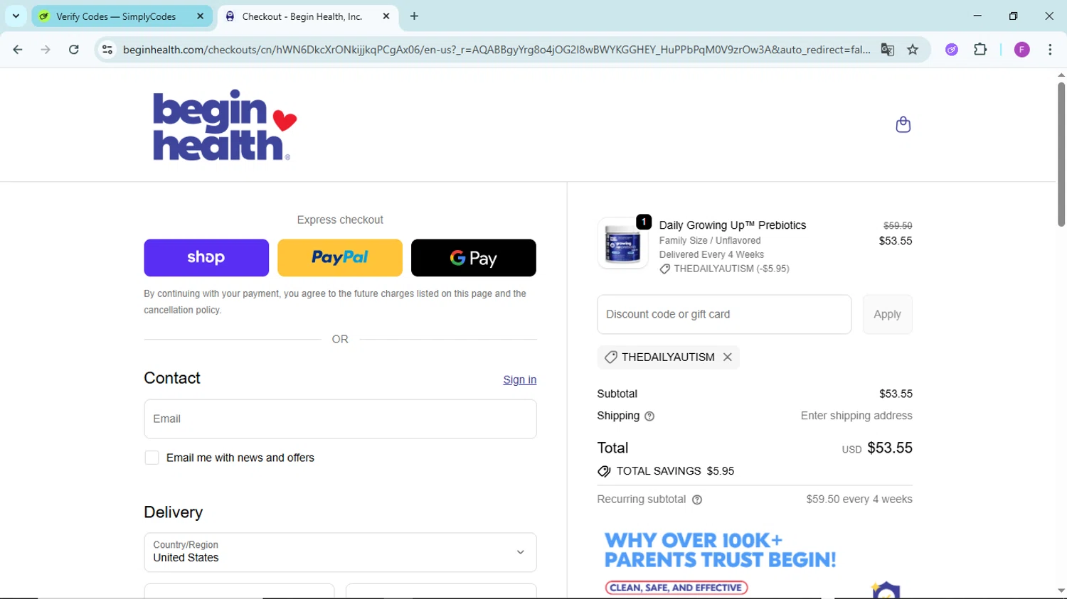 Begin Health promo code screenshot showing code THEDAILYAUTISM applied at Begin Health checkout page. Uploaded by SimplyCodes community member ShieldTitan6985 on Dec 9, 2025