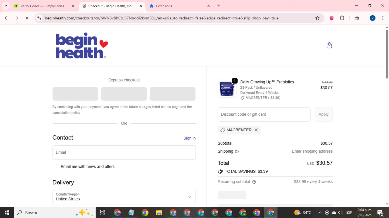 Begin Health promo code screenshot showing code MACBENTER applied at Begin Health checkout page. Uploaded by SimplyCodes community member CrownTitan5376 on Oct 9, 2025