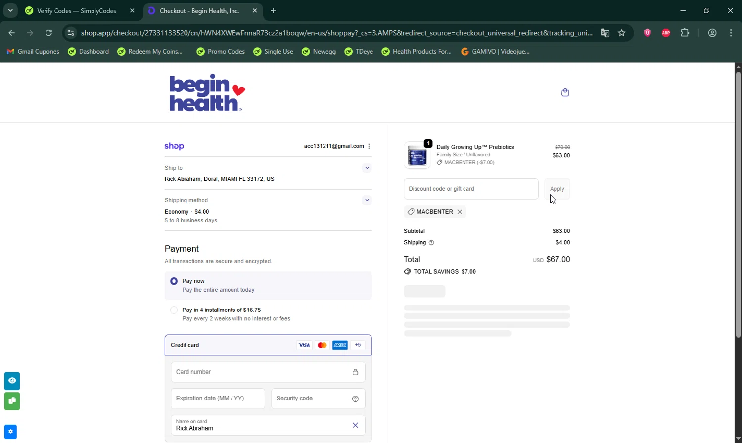 Begin Health promo code screenshot showing code MACBENTER applied at Begin Health checkout page. Uploaded by SimplyCodes community member LHaunter on Oct 25, 2025