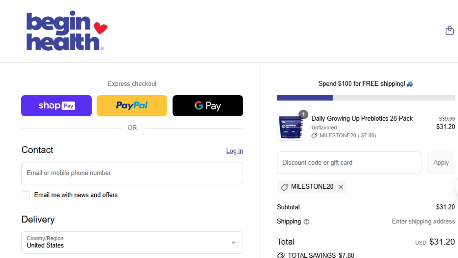 Begin Health promo code screenshot showing code MILESTONE20 applied at Begin Health checkout page. Uploaded by SimplyCodes community member ashe1986 on Aug 4, 2025