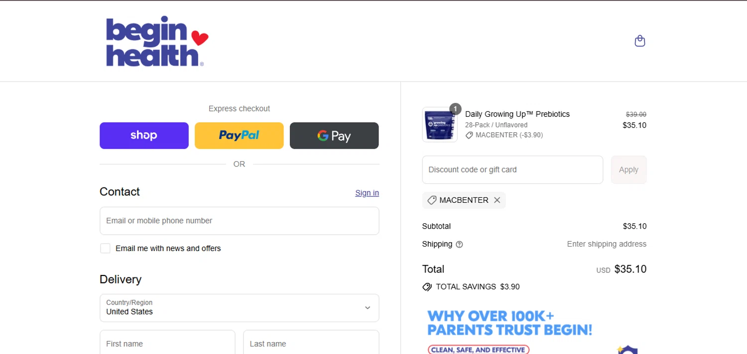 Begin Health promo code screenshot showing code MACBENTER applied at Begin Health checkout page. Uploaded by SimplyCodes community member juanisaac on Sep 10, 2025