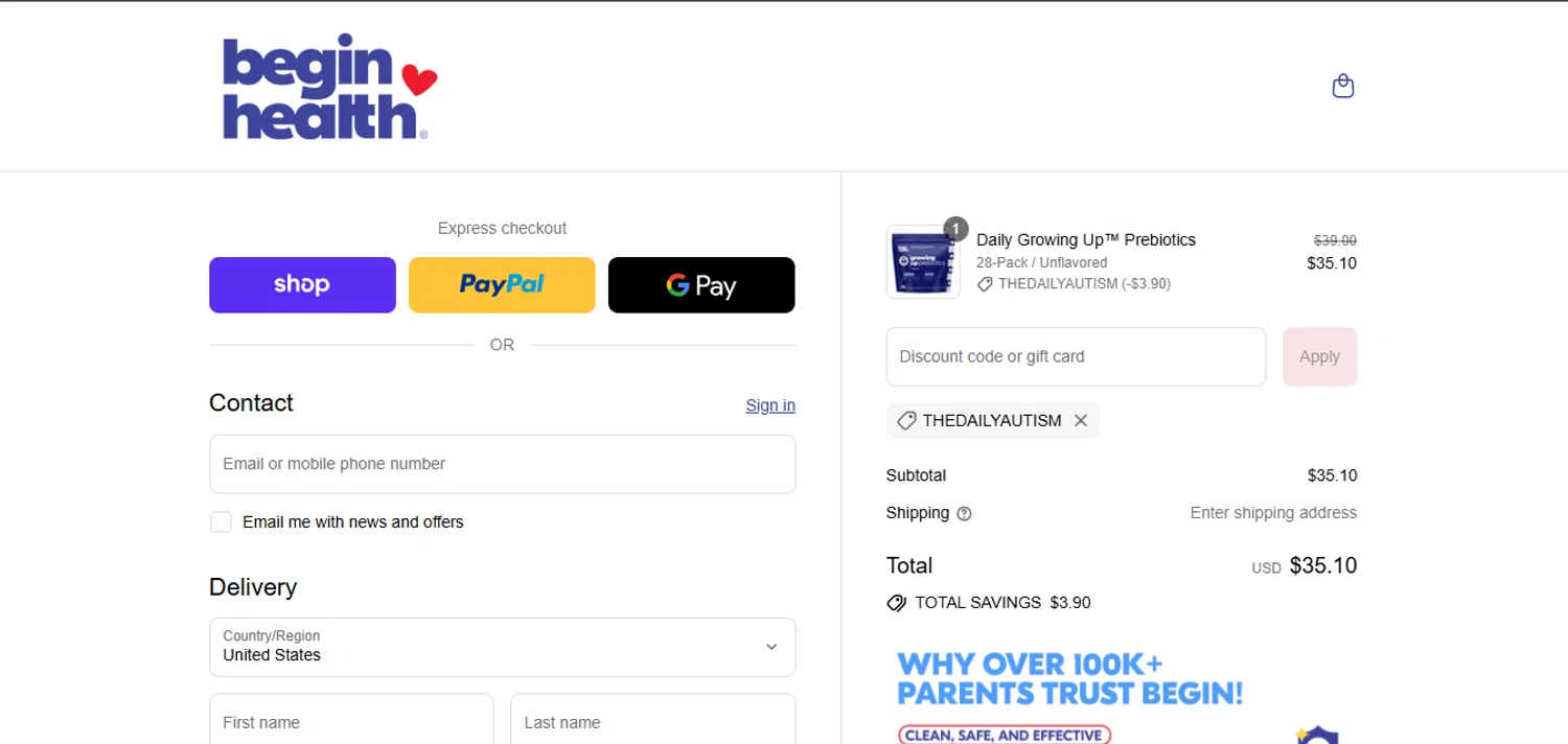 Begin Health promo code screenshot showing code THEDAILYAUTISM applied at Begin Health checkout page. Uploaded by SimplyCodes community member juanisaac on Sep 10, 2025