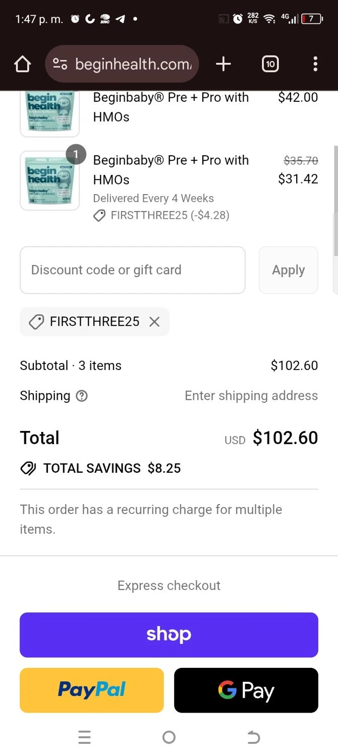 Begin Health promo code screenshot showing code Firstthree25 applied at Begin Health checkout page. Uploaded by SimplyCodes community member kellymoreno on Sep 10, 2025