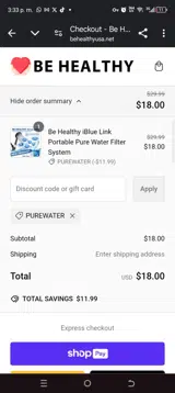 Purewater coupon verification screenshot