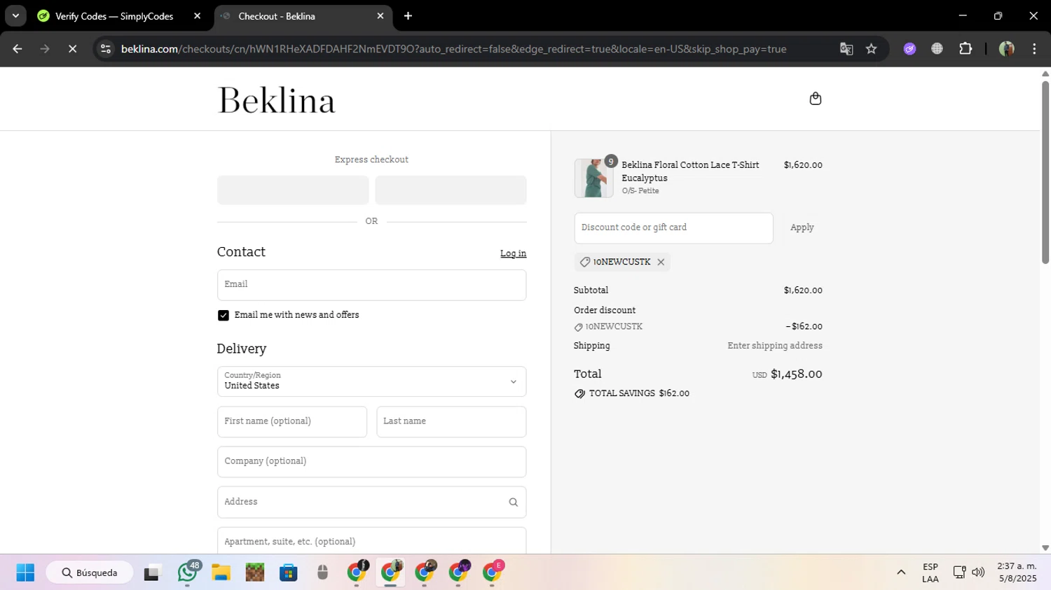 Beklina promo code screenshot showing code 10NEWCUSTK applied at Beklina checkout page. Uploaded by SimplyCodes community member MoneySentinel7597 on Aug 5, 2025
