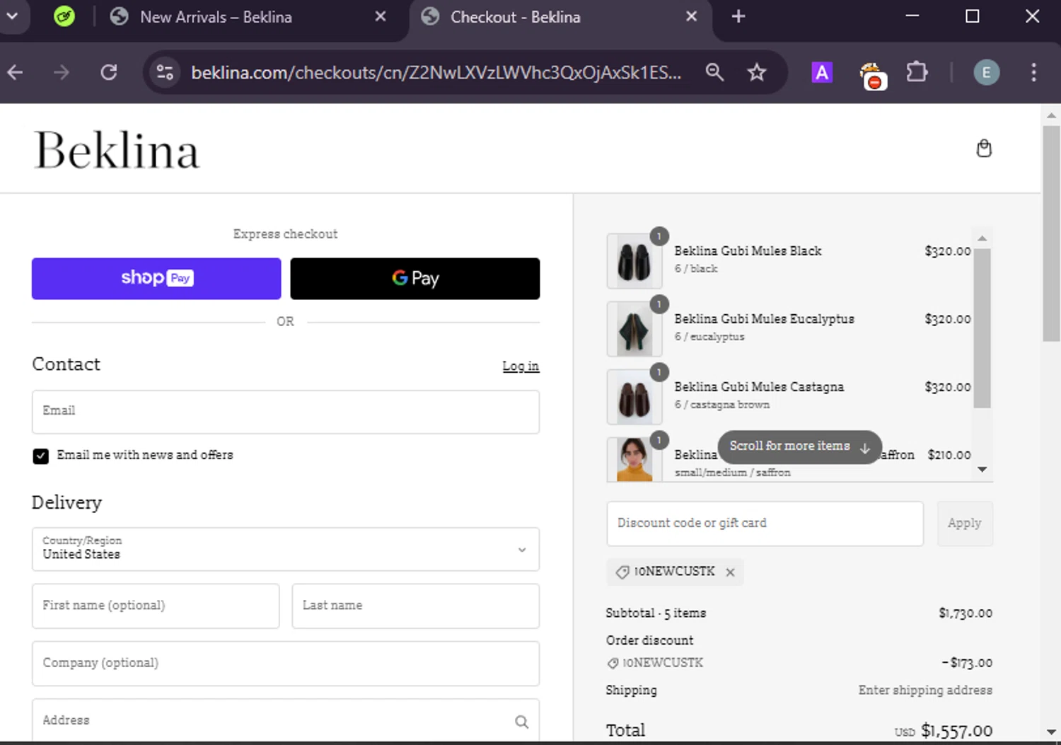 Beklina promo code screenshot showing code 10NEWCUSTK applied at Beklina checkout page. Uploaded by SimplyCodes community member LuckyExpert7689 on Feb 18, 2025