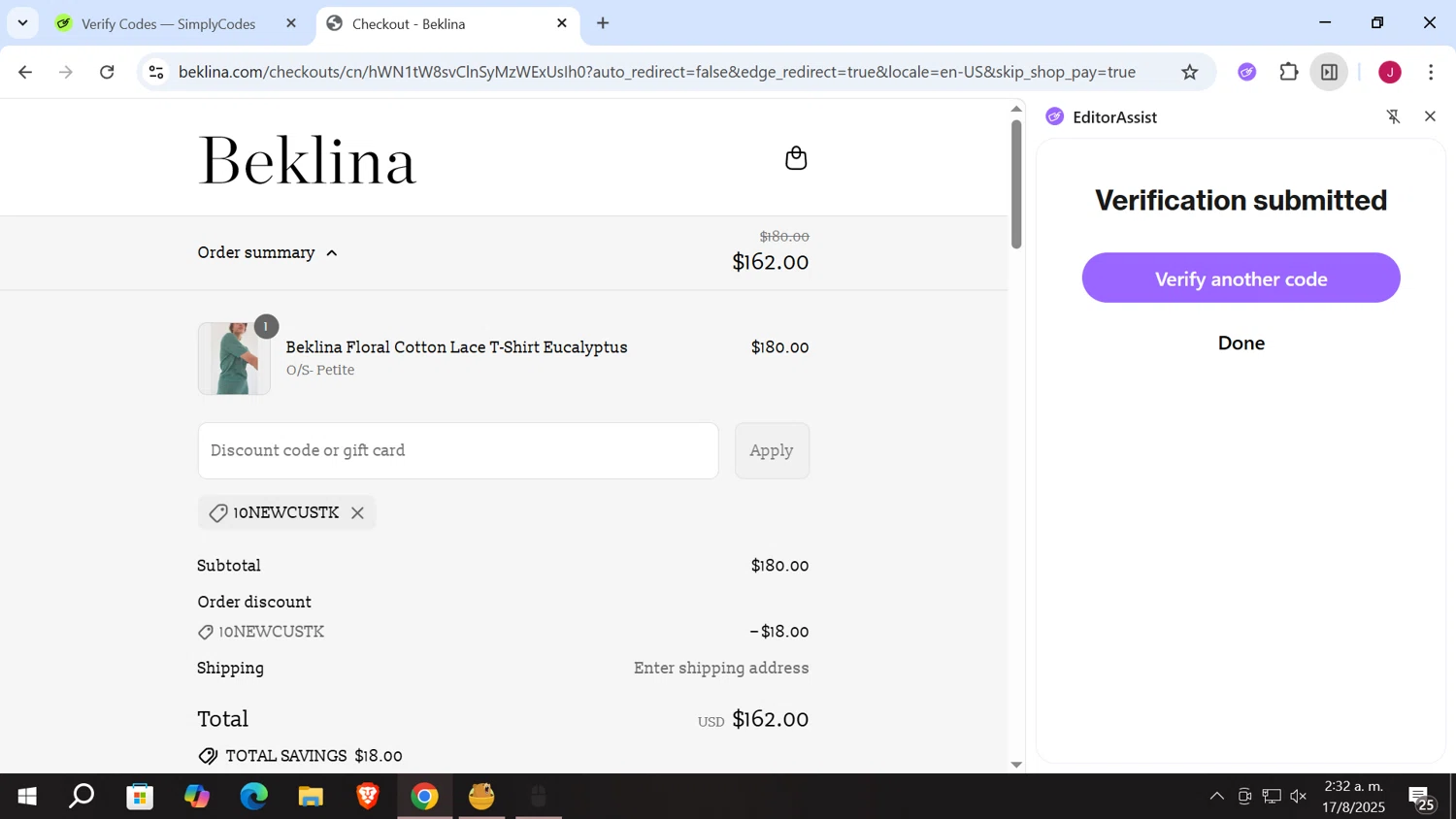 Beklina promo code screenshot showing code 10NEWCUSTK applied at Beklina checkout page. Uploaded by SimplyCodes community member vergil_lains on Aug 17, 2025