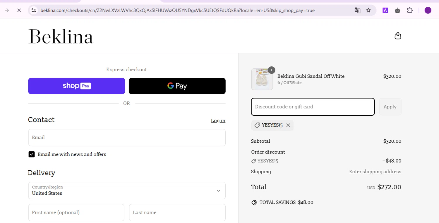 Beklina promo code screenshot showing code YESYES15 applied at Beklina checkout page. Uploaded by SimplyCodes community member SalePro7215 on Mar 29, 2025