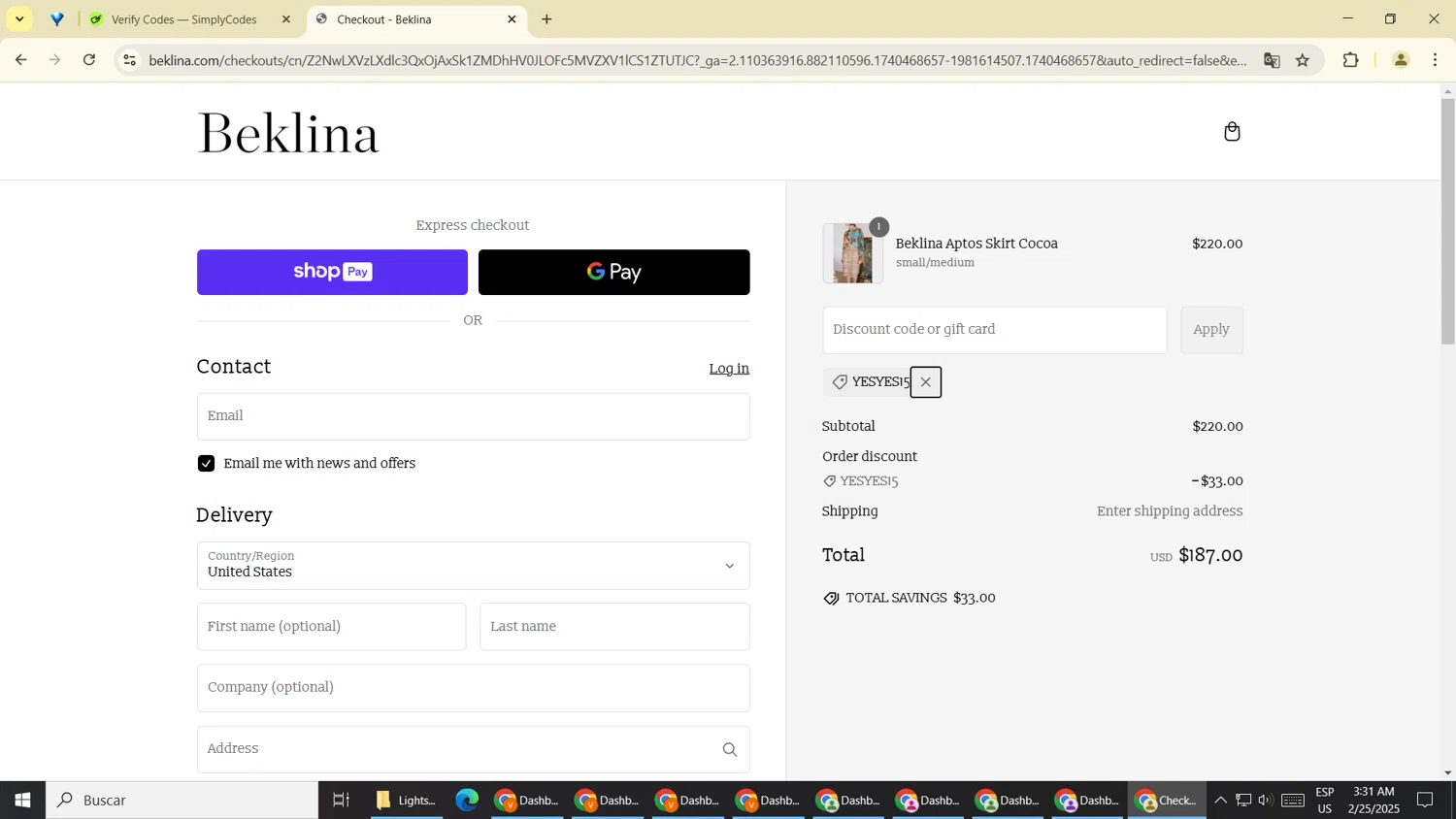 Beklina promo code screenshot showing code YESYES15 applied at Beklina checkout page. Uploaded by SimplyCodes community member ShrewdDefender8007 on Feb 25, 2025