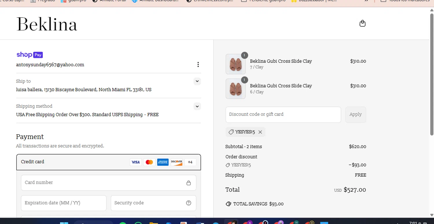 Beklina promo code screenshot showing code YESYES15 applied at Beklina checkout page. Uploaded by SimplyCodes community member luisaballera on Jun 15, 2025
