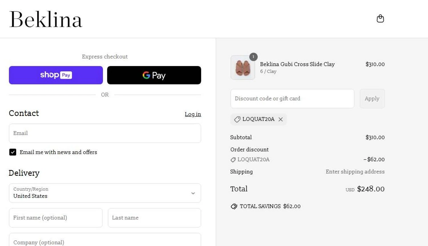 Beklina promo code screenshot showing code loquat20a applied at Beklina checkout page. Uploaded by SimplyCodes community member 6d796e616d656973 on Jun 27, 2025