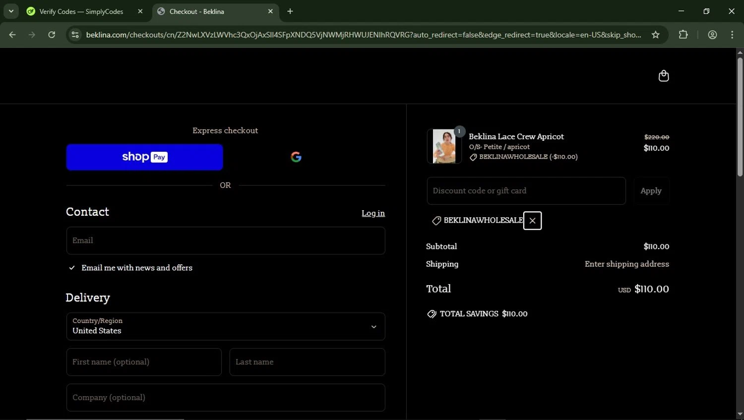 Beklina promo code screenshot showing code beklinawholesale applied at Beklina checkout page. Uploaded by SimplyCodes community member LegendaryFalcon5662 on Apr 7, 2025