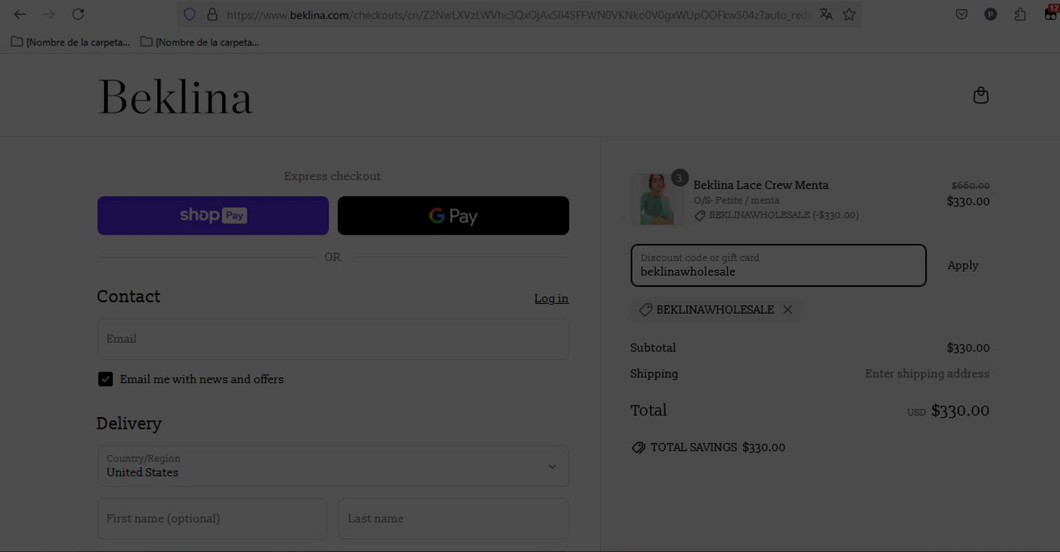 Beklina promo code screenshot showing code beklinawholesale applied at Beklina checkout page. Uploaded by SimplyCodes community member CleverFox1674 on Apr 7, 2025