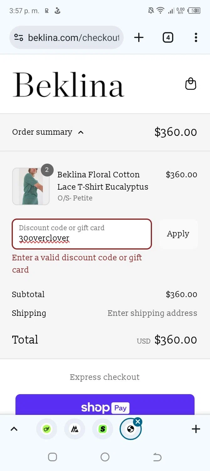 Beklina promo code screenshot showing code 30overclover applied at Beklina checkout page. Uploaded by SimplyCodes community member yeresojperez on Aug 22, 2025