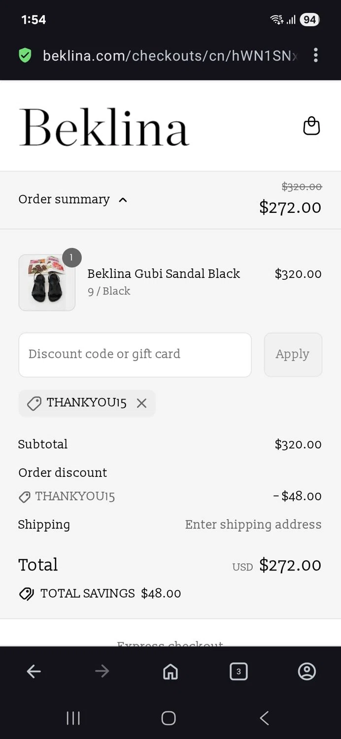 Beklina promo code screenshot showing code Thankyou15 applied at Beklina checkout page. Uploaded by SimplyCodes community member BB9542251456527 on Aug 5, 2025