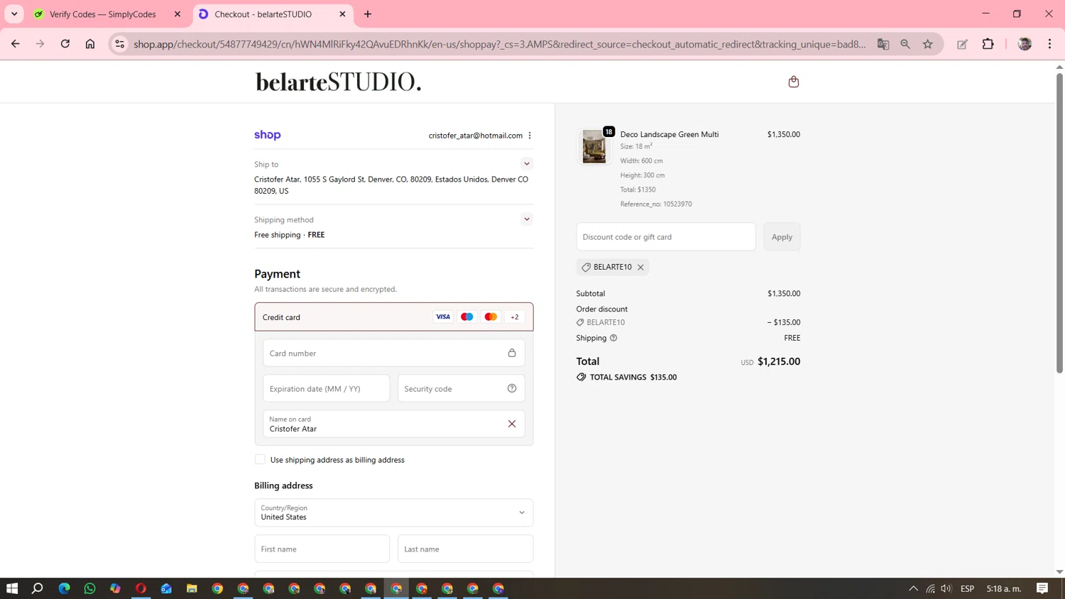 belarteSTUDIO promo code screenshot showing code BELARTE10 applied at belarteSTUDIO checkout page. Uploaded by SimplyCodes community member DavGutFig on Oct 21, 2025