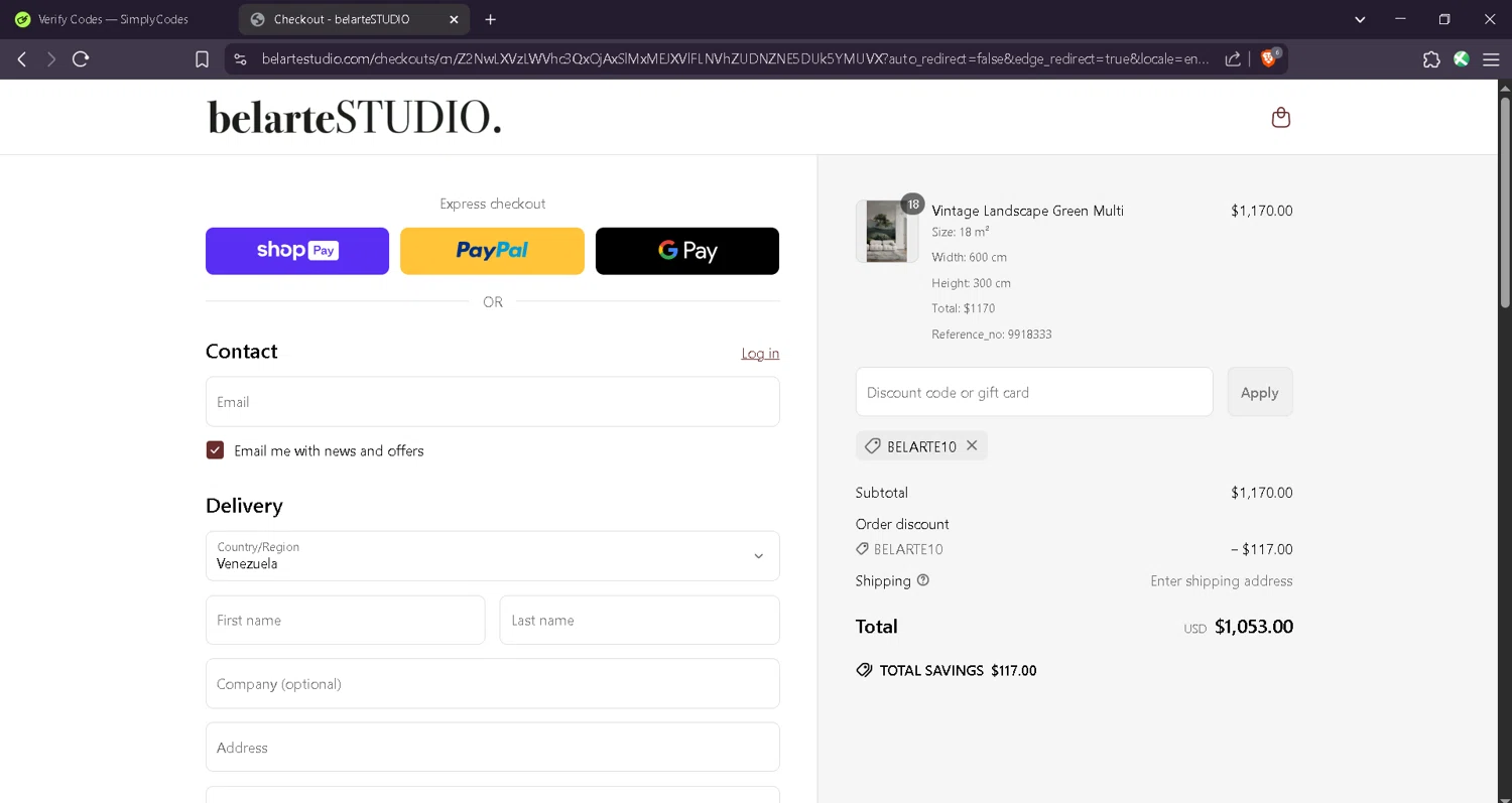 belarteSTUDIO promo code screenshot showing code BELARTE10 applied at belarteSTUDIO checkout page. Uploaded by SimplyCodes community member Estefani4 on Apr 17, 2025