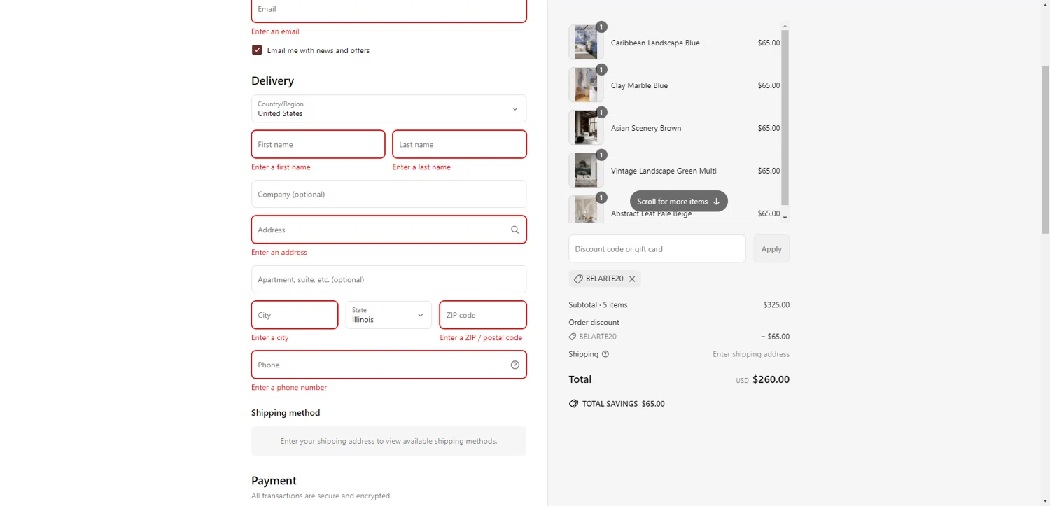 belarteSTUDIO promo code screenshot showing code BELARTE20 applied at belarteSTUDIO checkout page. Uploaded by SimplyCodes community member MagnificentTitan6986 on Jun 29, 2025