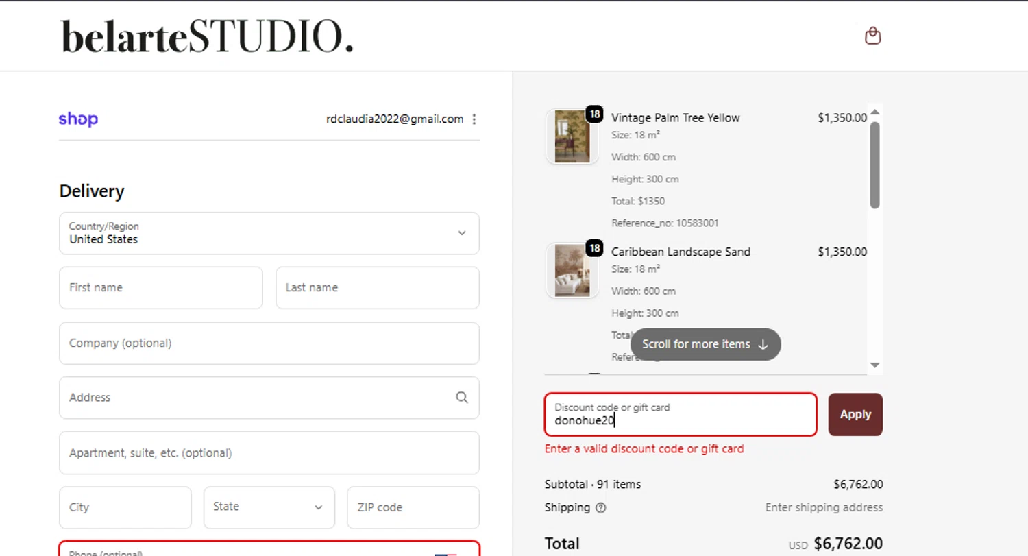 belarteSTUDIO promo code screenshot showing code donohue20 applied at belarteSTUDIO checkout page. Uploaded by SimplyCodes community member MagnificentSeeker5483 on Nov 6, 2025