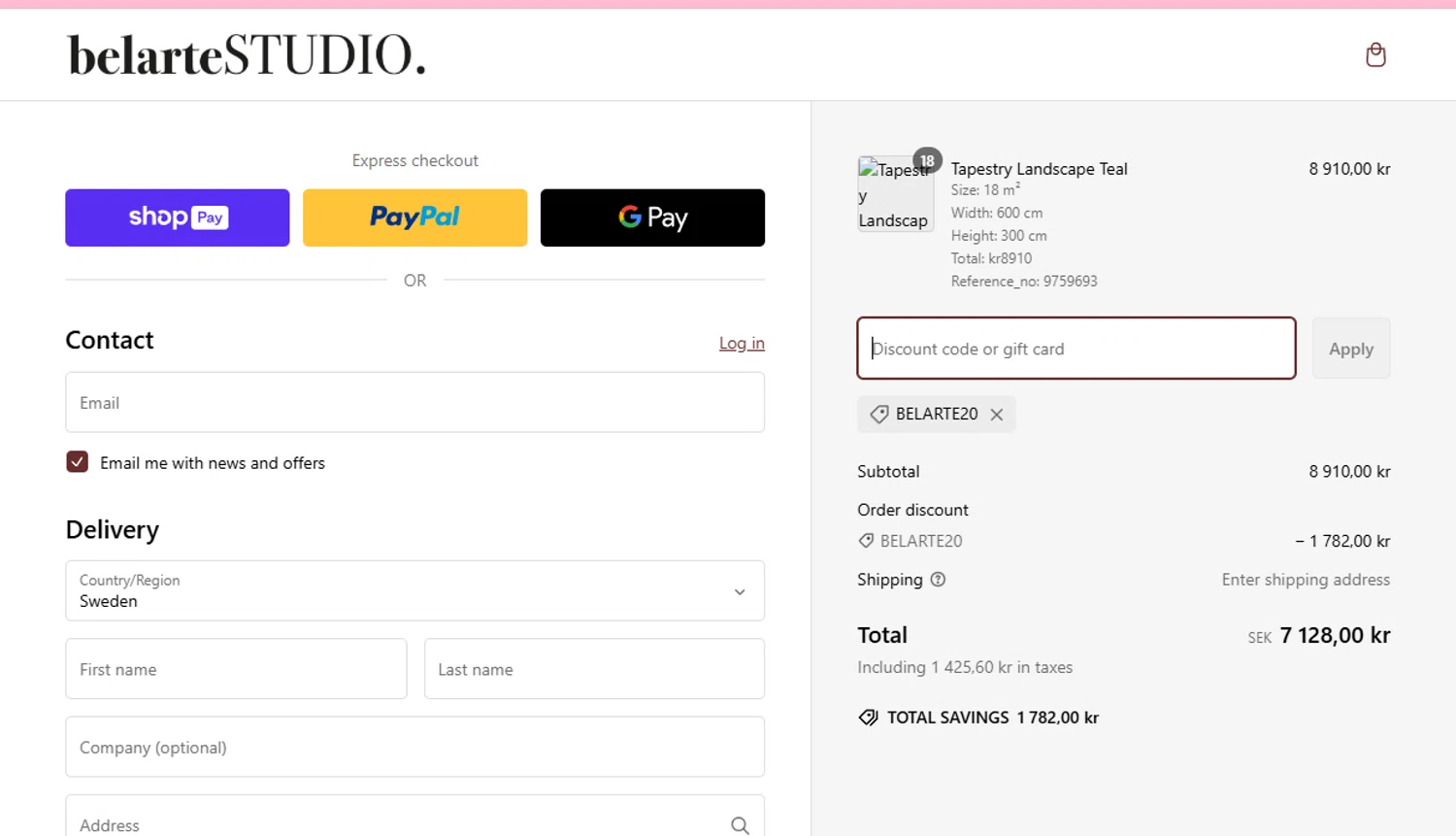 belarteSTUDIO promo code screenshot showing code BELARTE20 applied at belarteSTUDIO checkout page. Uploaded by SimplyCodes community member aumentadax10 on Feb 27, 2025