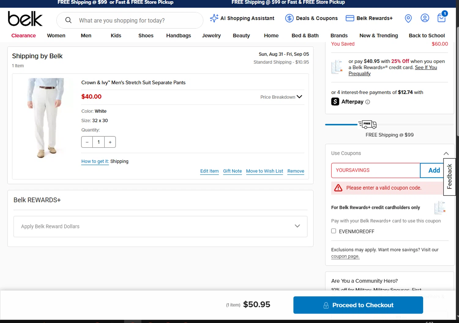 Belk coupon code screenshot showing code YOURSAVINGS applied at Belk checkout page. Uploaded by SimplyCodes community member VoucherFinder3467 on Aug 28, 2025