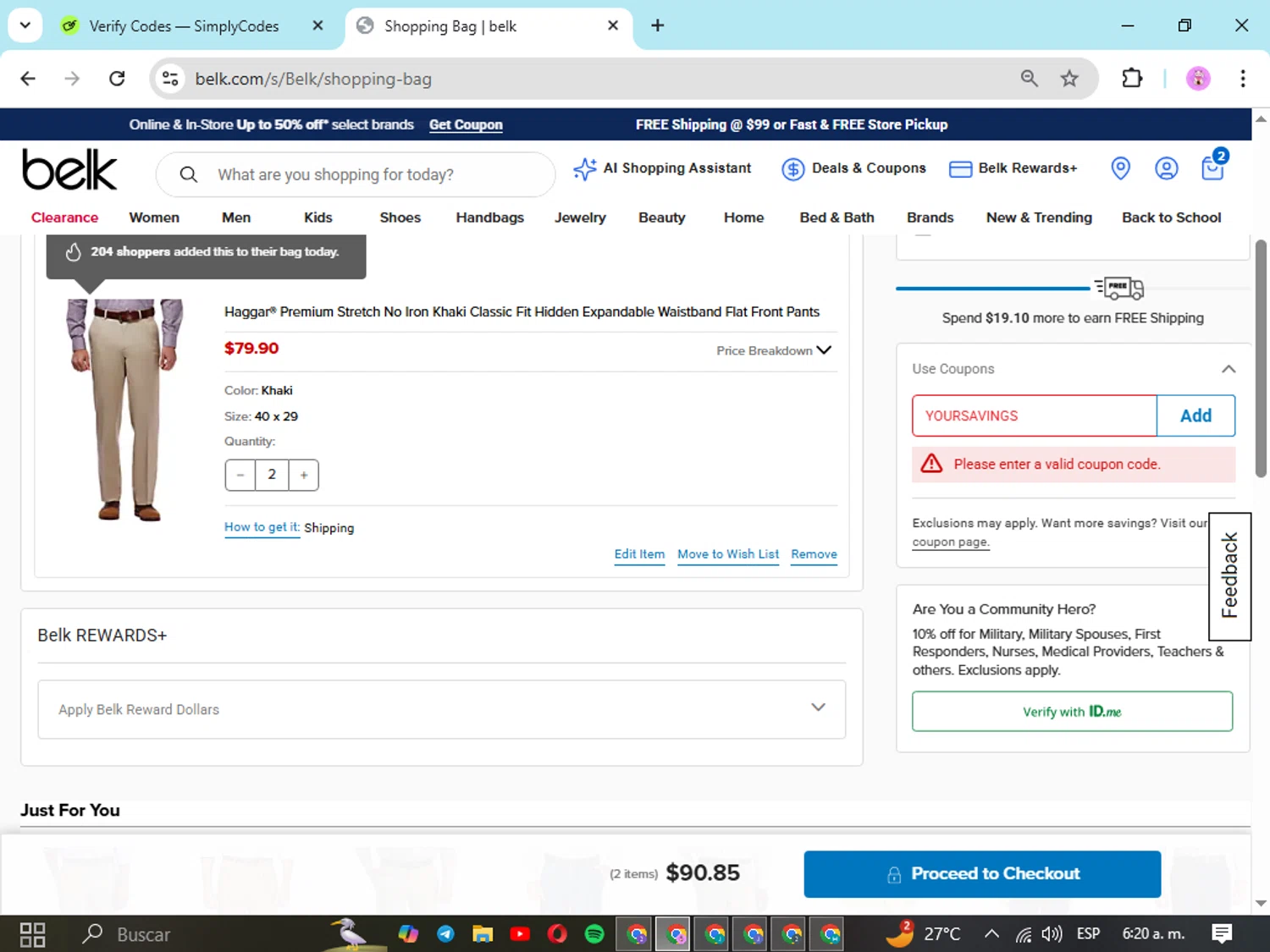 Belk coupon code screenshot showing code YOURSAVINGS applied at Belk checkout page. Uploaded by SimplyCodes community member cristianojesus on Aug 28, 2025