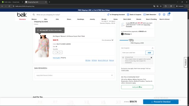 Belk checkout page showing Belk coupon code box | Screenshot taken by SimplyCodes community member on Aug 11, 2025