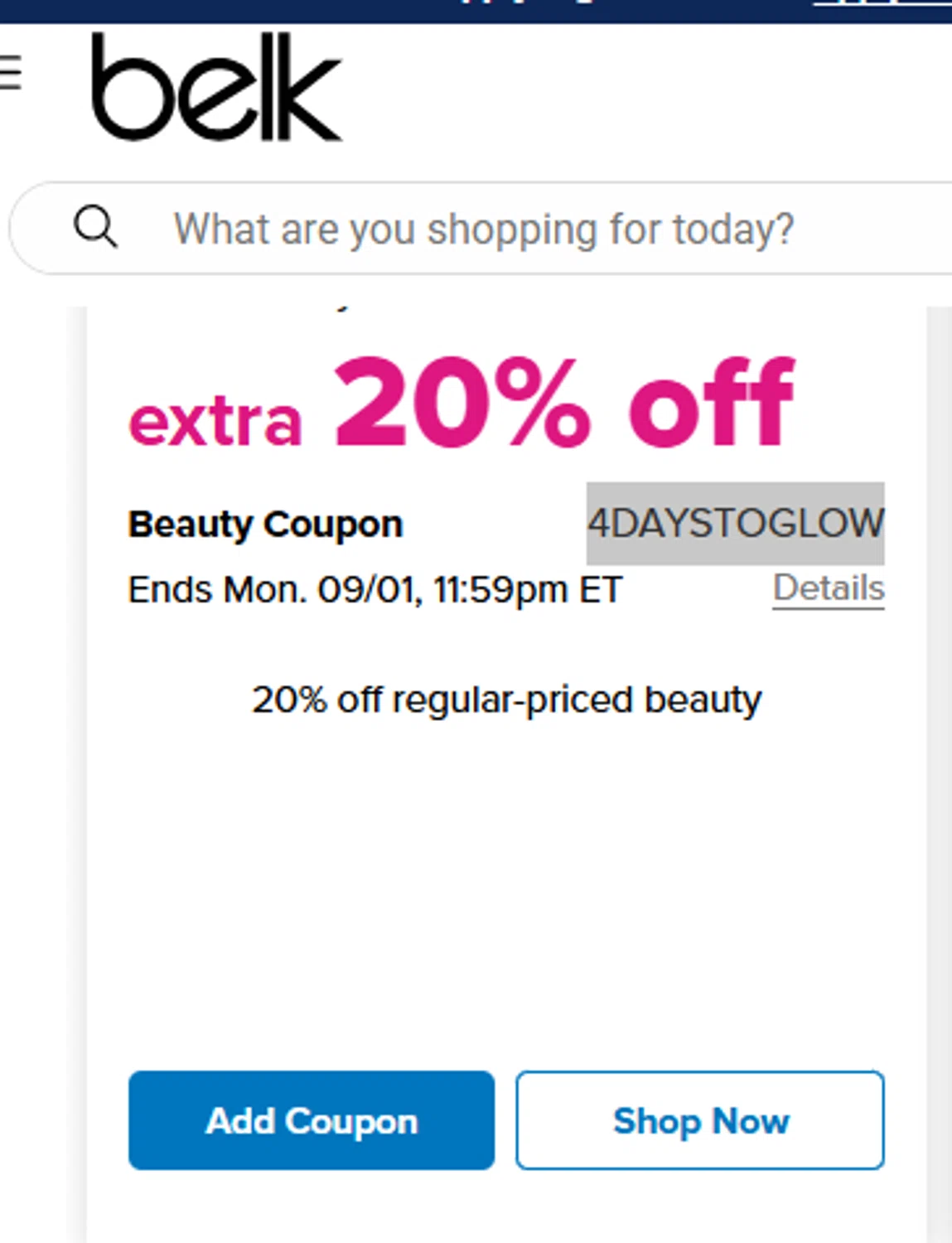 Belk coupon code screenshot showing code 4DAYSTOGLOW applied at Belk checkout page. Uploaded by SimplyCodes community member tronsito66 on Aug 29, 2025
