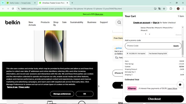 Belkin checkout page showing Belkin promo code box | Screenshot taken by SimplyCodes community member on Mar 4, 2025