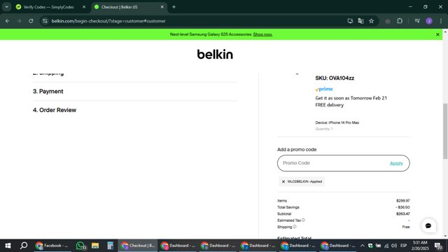 Belkin checkout page showing Belkin promo code box | Screenshot taken by SimplyCodes community member on Feb 20, 2025