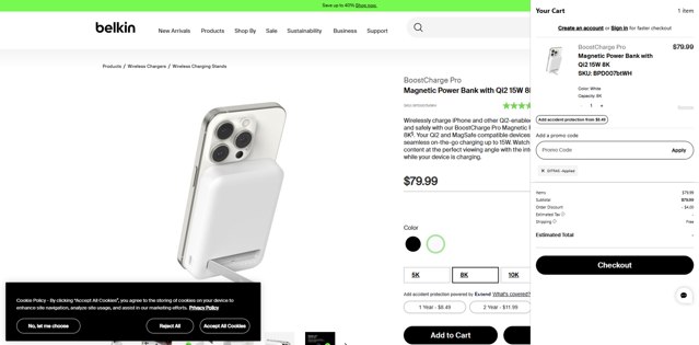 Belkin checkout page showing Belkin promo code box | Screenshot taken by SimplyCodes community member on Feb 25, 2025