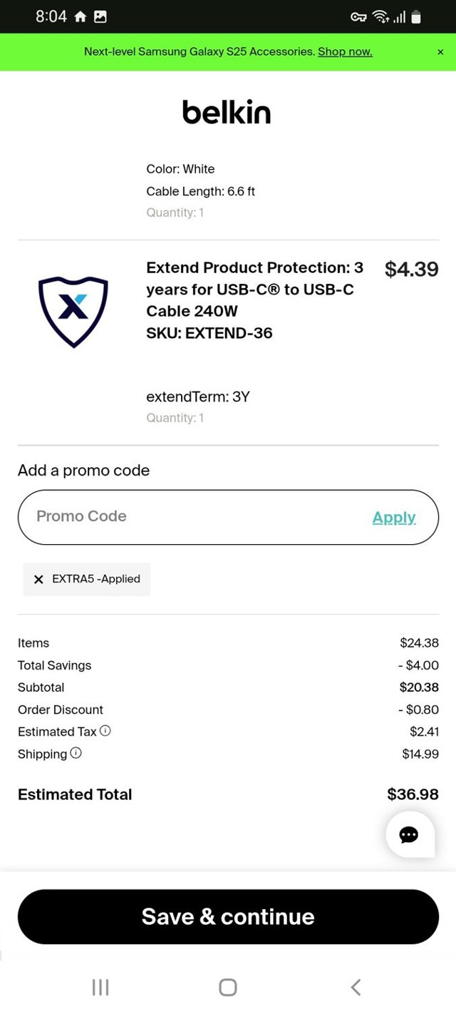 Belkin checkout page showing Belkin promo code box | Screenshot taken by SimplyCodes community member on Feb 11, 2025