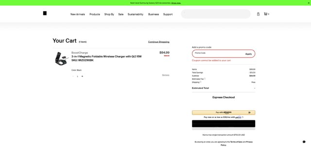 Belkin checkout page showing Belkin promo code box | Screenshot taken by SimplyCodes community member on Feb 14, 2025