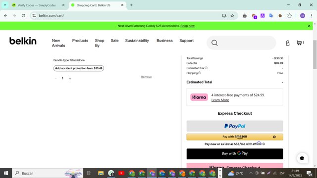 Belkin checkout page showing Belkin promo code box | Screenshot taken by SimplyCodes community member on Feb 15, 2025