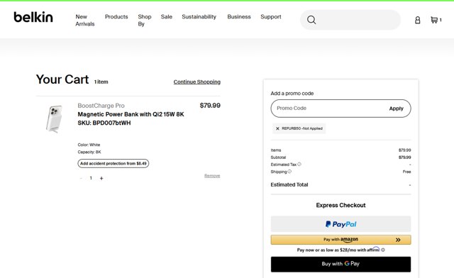 Belkin checkout page showing Belkin promo code box | Screenshot taken by SimplyCodes community member on Mar 6, 2025
