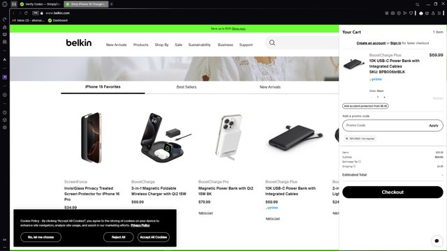 Belkin checkout page showing Belkin promo code box | Screenshot taken by SimplyCodes community member on Mar 6, 2025