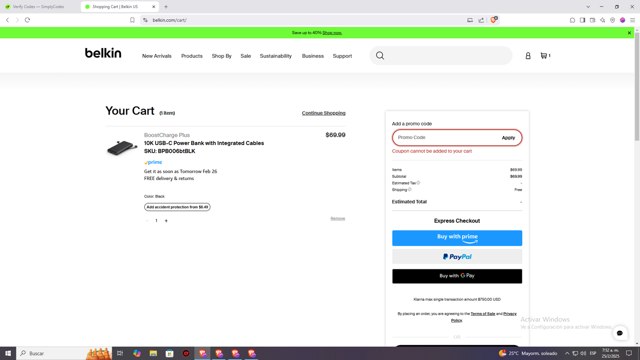 Belkin checkout page showing Belkin promo code box | Screenshot taken by SimplyCodes community member on Feb 25, 2025