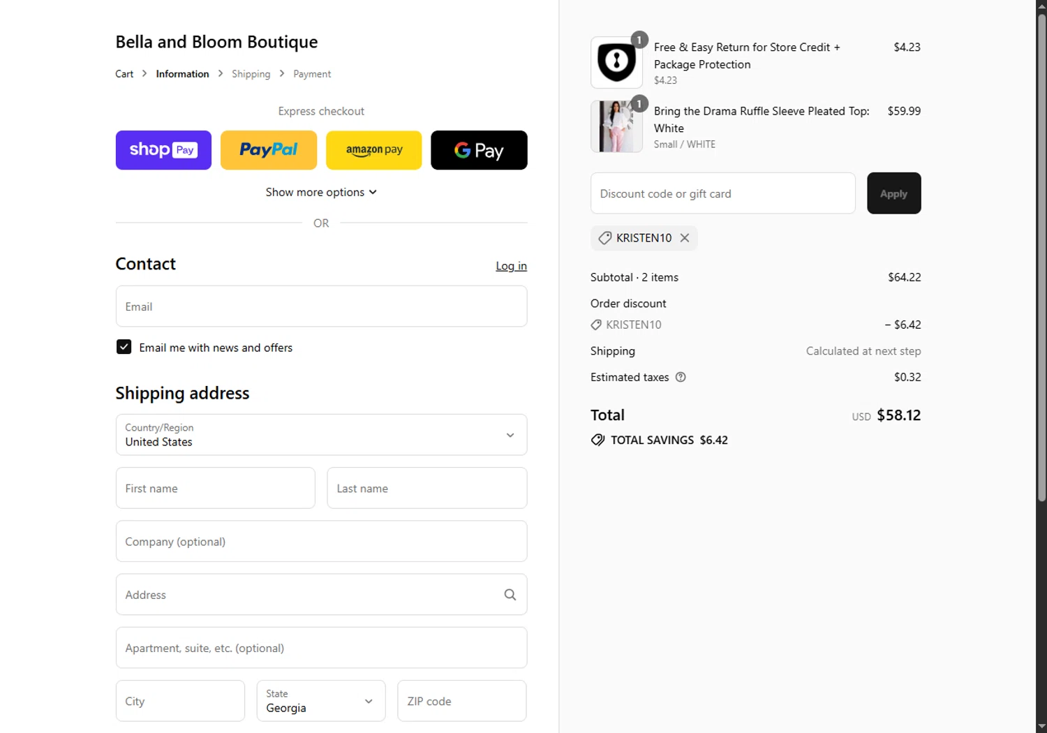 Bella and Bloom discount code screenshot showing code KRISTEN10 applied at Bella and Bloom checkout page. Uploaded by SimplyCodes community member MagnificentFalcon188 on Aug 27, 2025