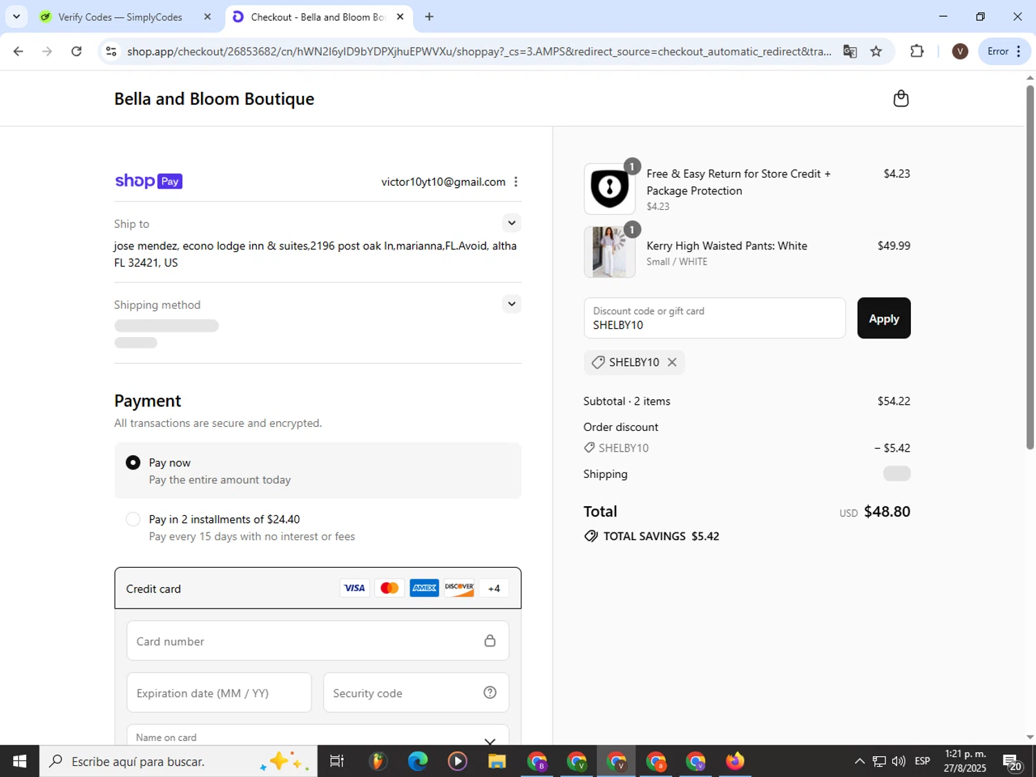 Bella and Bloom discount code screenshot showing code SHELBY10 applied at Bella and Bloom checkout page. Uploaded by SimplyCodes community member CashLion3448 on Aug 27, 2025