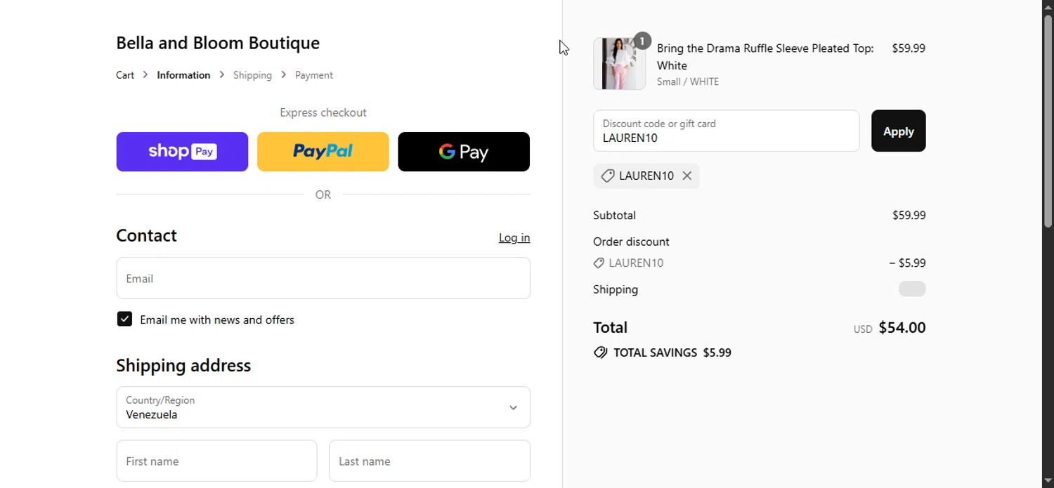 Bella and Bloom discount code screenshot showing code LAUREN10 applied at Bella and Bloom checkout page. Uploaded by SimplyCodes community member Bendito on Aug 13, 2025